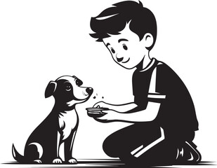 Loving Interactions Cartoon Logo Graphic Canine Capers Boy Feeding Puppy Vector Emblem