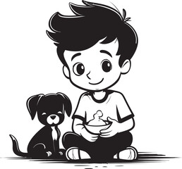 Tender Touch Cartoon Small Boy Symbol Furry Fun Boy and Puppy Emblematic Graphic