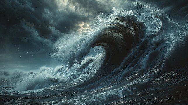 A big breaking ocean wave with white foam. Stormy heavy sea. A strong storm with big waves in the ocean. Thunderstorm. Illustration for banner, poster, cover, brochure or presentation.