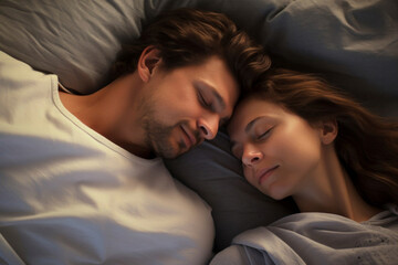 Fototapeta na wymiar Man and woman sleeping with eyes closed on bed, happy smiling faces, happy family