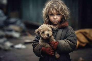 Homeless child in dirty clothes, little sad boy holding a puppy in his arms