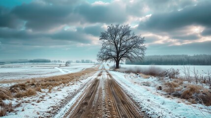 Dirt road leading to frosted woodland along snowy farmland under blue sky with white fluffy clouds - obrazy, fototapety, plakaty