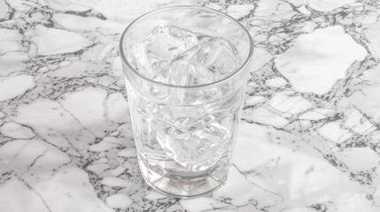 a glass filled with ice sitting on top of a marble counter top next to a glass filled with ice cubes.
