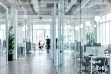Bright white and sky blue business office with blurred people and bokeh background, with glass partitions and plants - obrazy, fototapety, plakaty