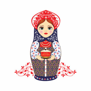 Russian folk Matryoshka doll grandmother holding a pot of food. Decorative painting of dishes. Present. National clothes. Kokoshnik. Souvenir. Isolated vector illustration