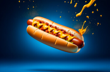 Hot dog with sausages and dripping mustard, bright blue background
