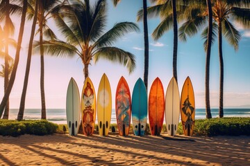 Tranquil Row of surfboards on beach. Palm travel. Generate Ai