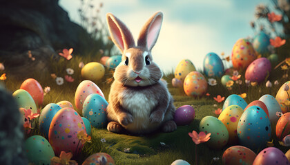 Beautiful Easter bunny with multicolored eggs. Adorable bunny with Easter colorful eggs on a green meadow