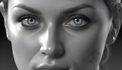 Fototapeta premium Close-up black and white portrait of a brunette woman with blu eyes, pop-art artwork, fashion beauty testimonial
