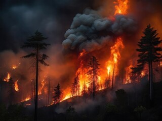 Fiery forest devastation, twilight shrouding smoldering trees in smoke