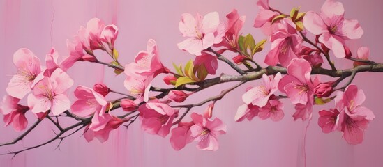 A flowering plant with pink blossoms on a pink background, showcasing the delicate petals and twigs of a cherry blossom tree