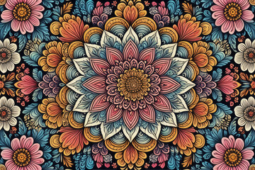 Floral pattern on dark background. Mandala nature-inspired design intricate details. Features hand-drawn flowers leaves swirls in whimsical style. symmetry fabric wallpaper or decorative purposes