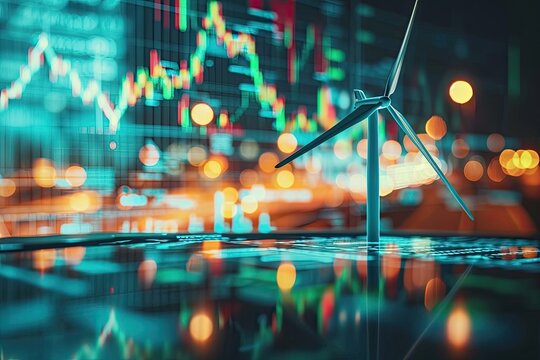 Moving wind turbine with financial market chart and digital information