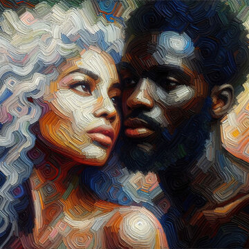 Man and woman. Humanity. Interracial marriage. Color of the skin. Warm relationships. Oil painting, impressionism.