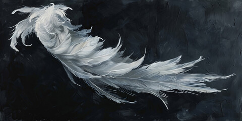 A soft white feather floats alone against a dark background