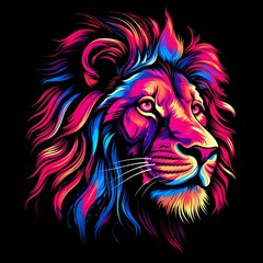 Colorful neon lion head on a black background, artistic and vibrant