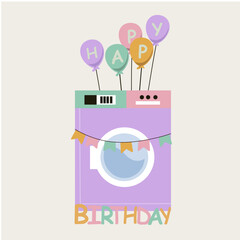  Flat Design  Happy Birthday Illustration with Laundry Machine and Balloons