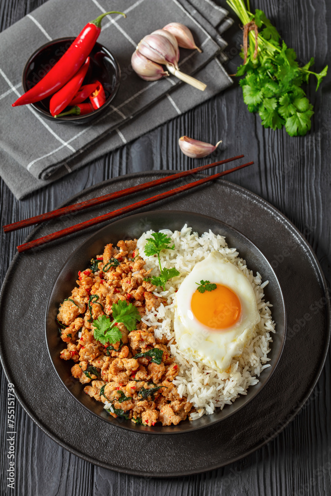 Sticker basil chicken stir fry with rice and fried egg