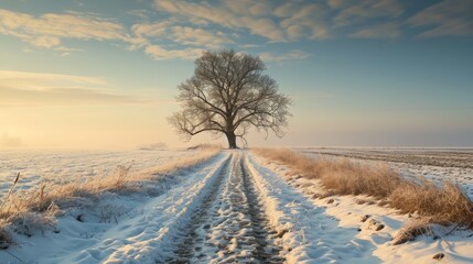 The picture of the single tree that has been covered with white snow in the middle of the empty snow land in the winter season and light from the sun can make everything bright clear on land. AIGX03. - obrazy, fototapety, plakaty