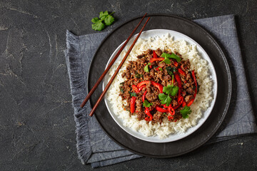 Thai holy basil stir fry with ground beef on plate