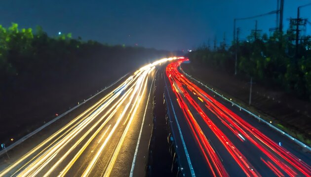 Generated image of  A highway scene at night, with the glow of tail lights stretching into the distance 