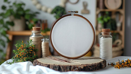 Embroidery hoop with earthy colors in hobby setting. White blank embroidery hoop mockup.