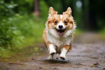 Energetic Running funny fluffy dog in summertime. Pet doggy playing and sprinting outside. Generate ai