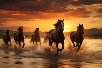 Tranquil Running horses sunrise. Nature animal. Generate Ai