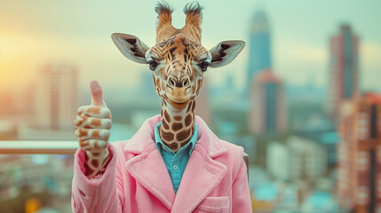 Giraffe Giving a Thumbs Up in the City at Sunset - obrazy, fototapety, plakaty