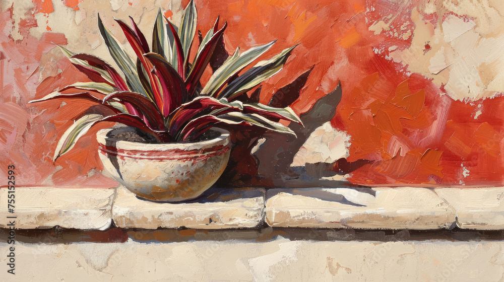 Wall mural a painting of a potted plant sitting on a ledge in front of a red and orange wall with a shadow cast on it.