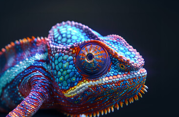  A closeup of the head and neck of an exotic colorful chameleon. Generative AI - obrazy, fototapety, plakaty