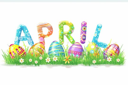The word "APRIL" made of colorful Easter eggs in a grassy field with Easter decorations Generative AI