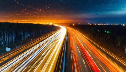 Fototapeta premium Generated image of A highway scene at night, with the glow of tail lights stretching into the distance