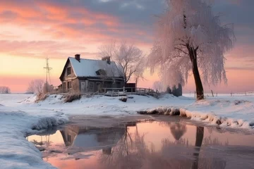 Gordijnen Serene Rural winter landscape village house. Sunrise season. Generate Ai © juliars