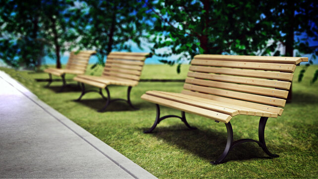 Wooden park benches in arow inside a park. 3D illustration