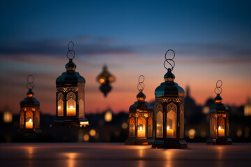 Fototapeta premium traditional Ramadan lanterns silhouetted against a twilight sky, Ramdan concept. 