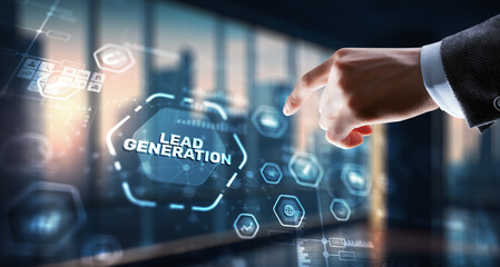 Businessman presses a button on the virtual screen: Lead generation