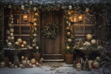 Naklejka premium Enchanting Rustic christmas entrance background. Home decor. Generate Ai