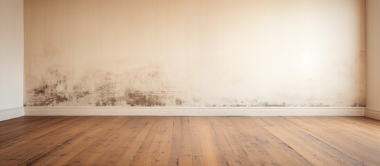 The image showcases an empty room with dingy white walls covered in mold, and a brown wooden floor....