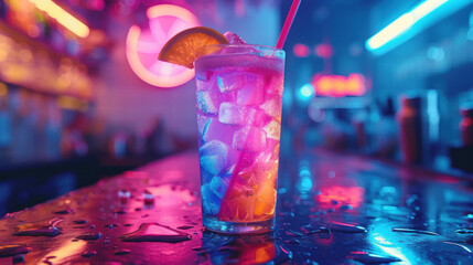Closeup colorful frozen rave party drink glass with ice cubes on countertop in nightclub bar with orange, pink and blue neon lights background - obrazy, fototapety, plakaty