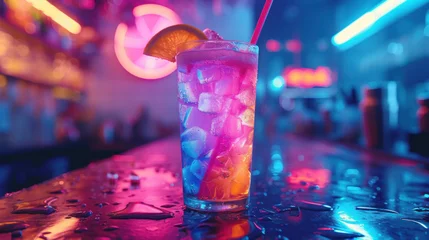 Fotobehang Closeup colorful frozen rave party drink glass with ice cubes on countertop in nightclub bar with orange, pink and blue neon lights background © Patrycja