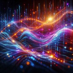 Light waves form pattern. Bright neon colors. Light lines flow. Particles add depth. Mood is energetic, futuristic. Themes - technology, digital innovations.