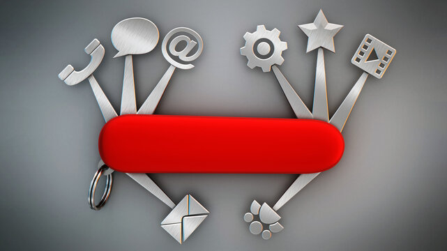 Technology icons connected to Swiss knife. 3D illustration