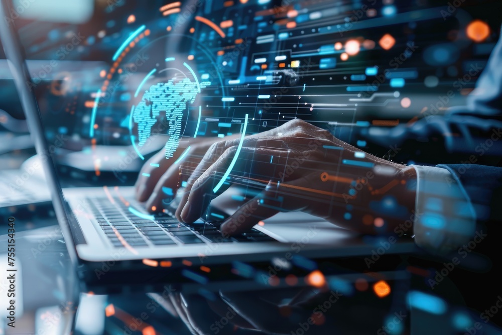 Poster cyber security concept with person using laptop