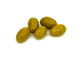 Green olives isolated on a white background. Top view.