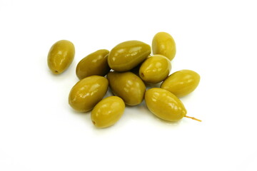 Green olives isolated on a white background. Top view.