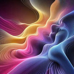digital artwork with flowing patterns creating movement and energy. Smooth color transitions from blues to purples pinks and oranges. Intricate lines for mesmerizing visual effect