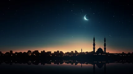 Poster a mosque silhouette against a Ramadan night sky, with a crescent moon and stars. Ramdan Kareem & Eid Mubark.  © Nim