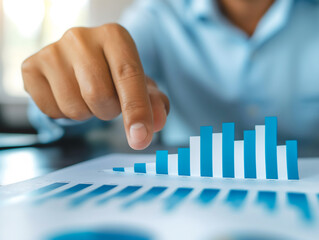 A business professional analyzes statistical growth using bar graph charts, indicative of financial analysis and corporate strategy - obrazy, fototapety, plakaty