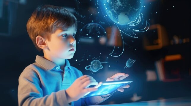 A young child is immersed in learning, exploring a virtual globe with an interactive display that illuminates the wonders of the world. AIG41